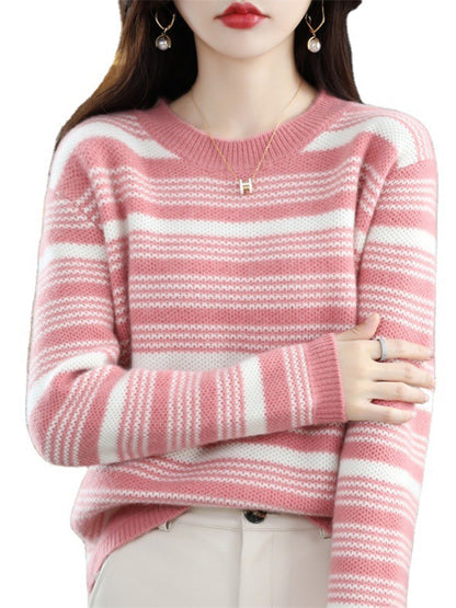 flowersverse Casual Loose Long Sleeves Striped Round-Neck Sweater Tops