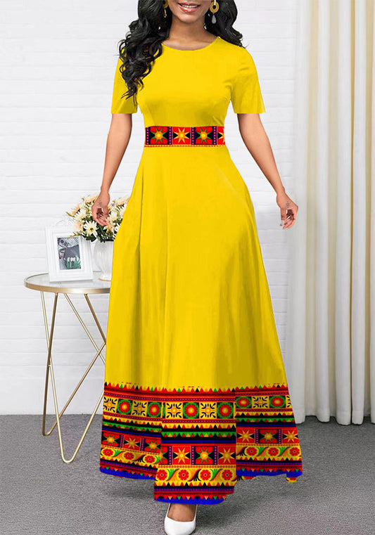 flowersverse Round Neck High Waist Contrast Color Plus Size Patchwork Swing Dress