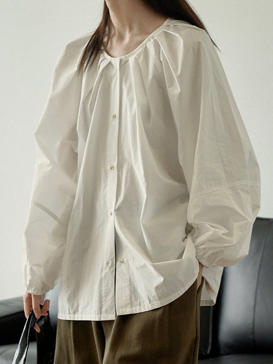 flowersverse Buttoned Elasticity Pleated Solid Color Bishop Sleeve Long Sleeves Round-Neck Blouses&Shirts Tops