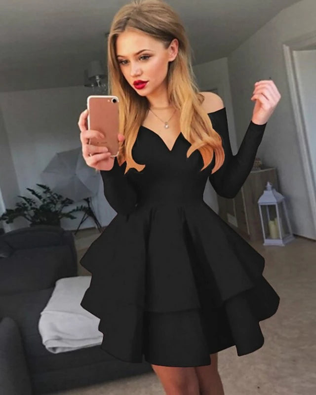 flowersverse Women's A-Line Dress Short Mini Dress Long Sleeve Solid Colored Layered Fall Spring Hot Sexy White Black Red White Dresses