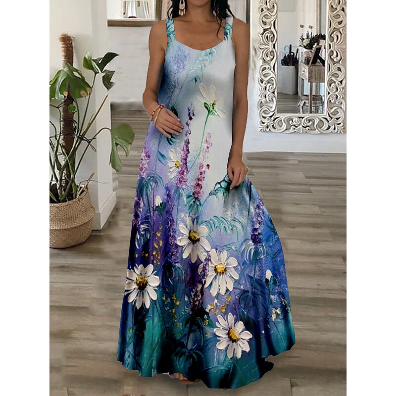 flowersverse Women's Long Dress Maxi Dress Swing Dress Summer Dress Slip Dress Floral Oil Painting Fashion Romantic Vacation Weekend Spring Dress Print Sleeveless Strap Dress Regular Fit Yellow Blue Dark Green