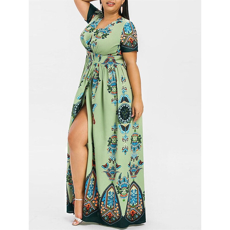 flowersverse Women's Plus Size Casual Dress A Line Dress Floral Butterfly Long Dress Maxi Dress Short Sleeve Split Print V Neck Basic Daily Black White Spring Summer XL XXL 3XL 4XL 5XL