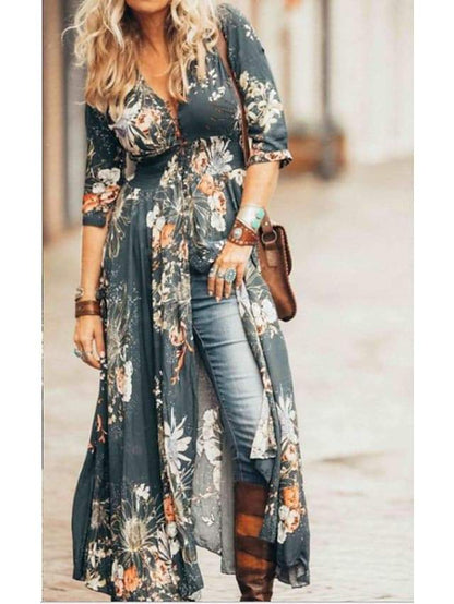 flowersverse Women's Swing Dress Maxi Long Dress Blue Green Half Sleeve Floral Ruffle Print Summer V Neck Hot Casual Boho S M L XL XXL 3XL 4XL