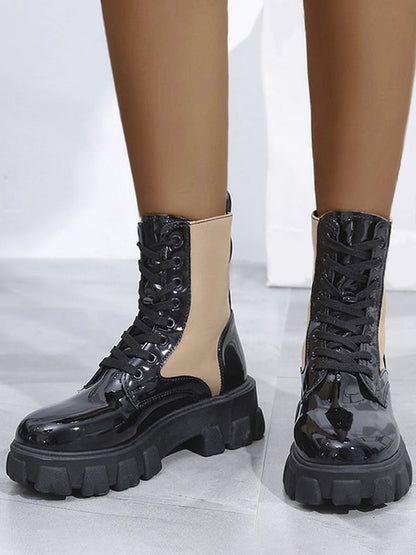 flowersverse Chunky Block Heels Combat Platform Boots