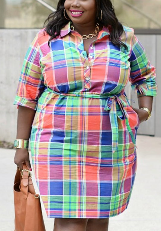 flowersverse Plus Size Printed Check Shirt Dress