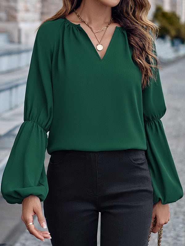 flowersverse Solid Color Loose V-Neck Blouses&Shirts Tops