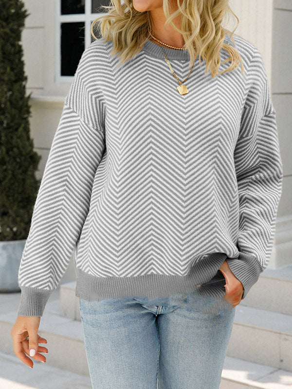 flowersverse Striped Long Sleeves Loose Round-Neck Sweater Tops Pullovers Knitwear