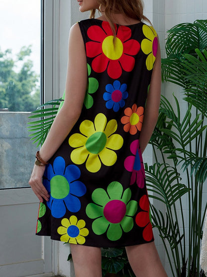 flowersverse Multicolor Crew Neck A-Line Sleeveless Weaving Dress