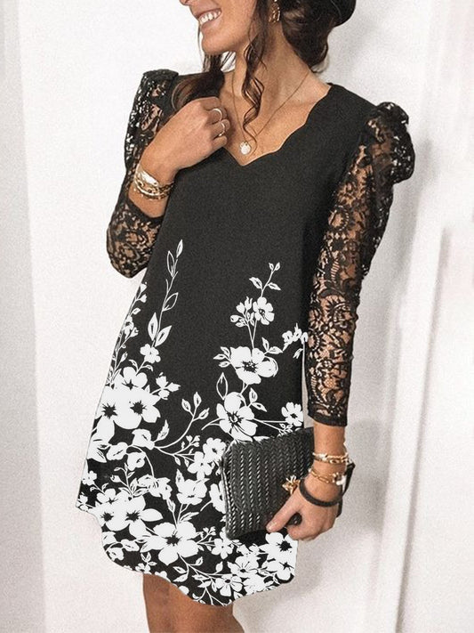 flowersverse Floral Casual Lace V Neck Long Sleeve A-Line Dress