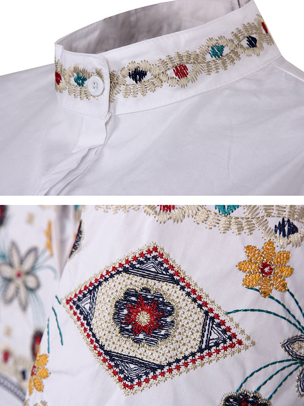 flowersverse Casual Loose High-Low Embroidered Stand Collar Blouses&Shirts Tops