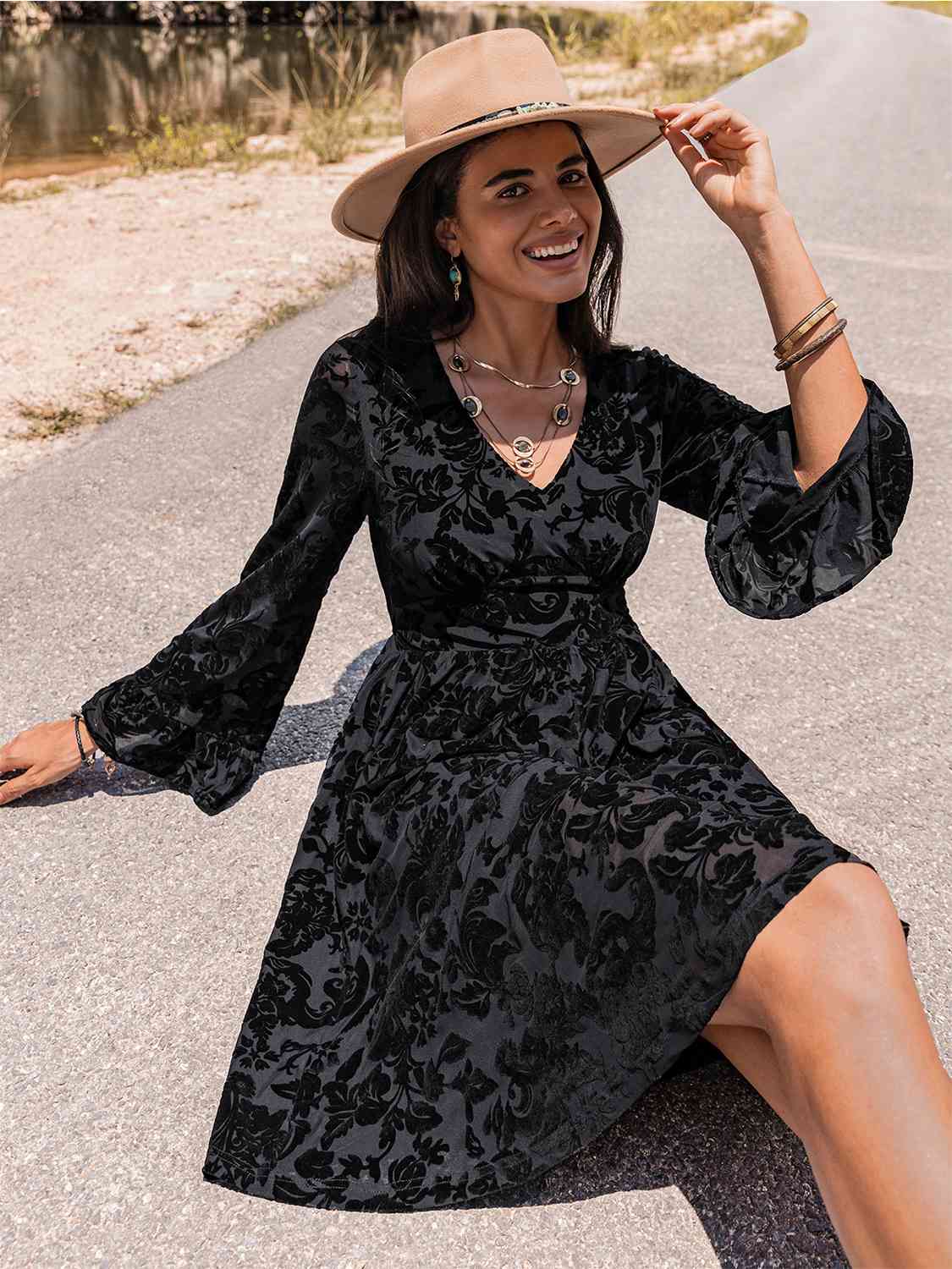 flowersverse Floral V-Neck Flare Sleeve Mini Dress