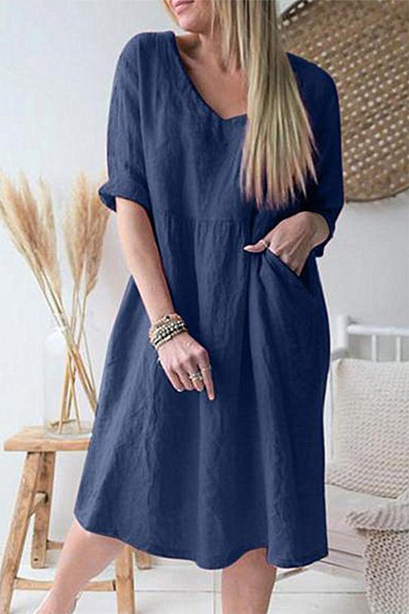 flowersverse Casual Solid Patchwork V Neck Straight Dresses