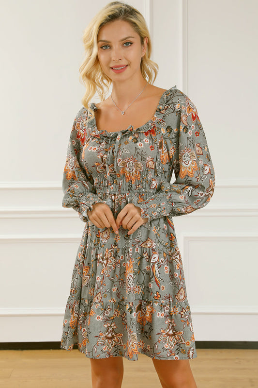 flowersverse Multicolour Floral Long Sleeve Frilled U-Neck Ruffled Dress