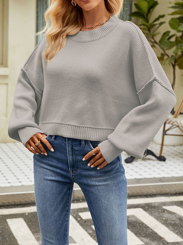 flowersverse Solid Color Split-Joint Split-Side Batwing Sleeves High-Low Round-Neck Sweater Tops Pullovers