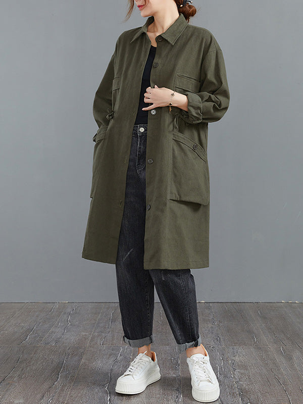 flowersverse Casual Loose Solid Color Buttoned Lapel Collar Long Sleeves Trench Coat