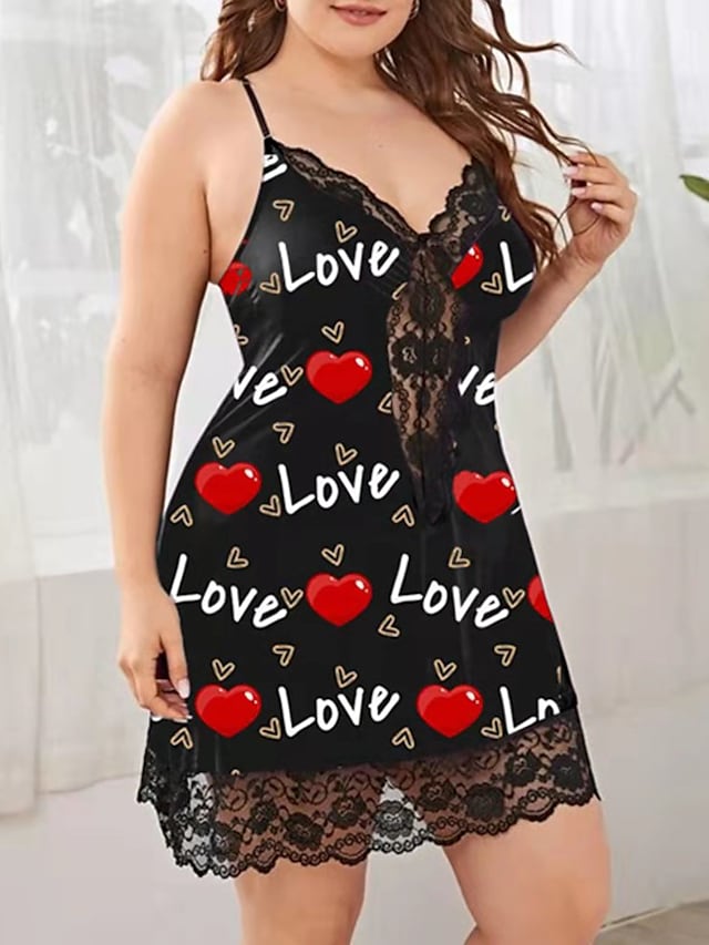 flowersverse Women's Plus Size Curve Black Dress Heart V Neck Lace Sleeveless Spring Summer Casual Sexy Short Mini Dress Causal Daily Dress / Print