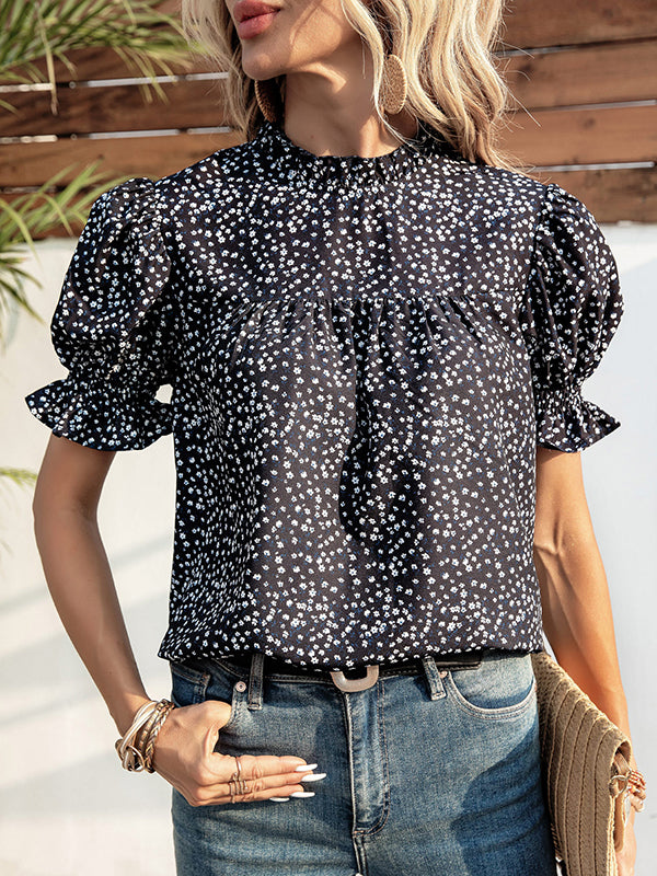 flowersverse Elastics Floral Printed Split-Joint Bishop Sleeve Stand Collar Blouses&Shirts Tops