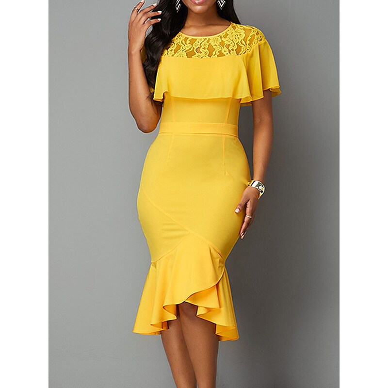 flowersverse Women's Work Dress Sheath Dress Semi Formal Dress Fashion Midi Dress Ruched Ruffle Crew Neck Short Sleeve Plain Slim Yellow Blue Spring Summer S M L XL XXL