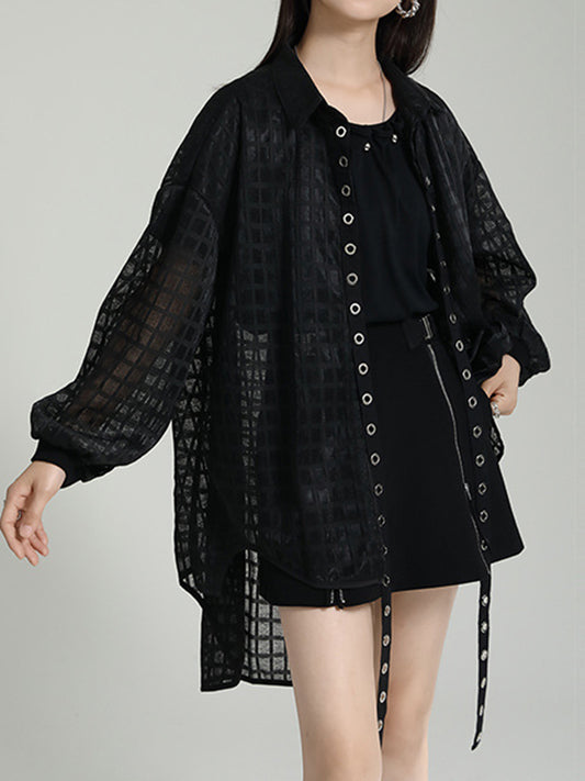 flowersverse Gauze See-Through High-low Long Sleeves Round-neck Blouses&shirts Tops