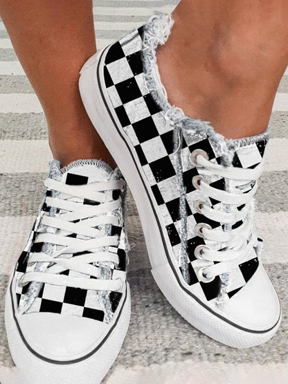 flowersverse Black And White Checkerboard Graphic Distressed Canvas Flats