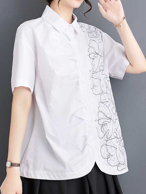 flowersverse Buttoned Embroidered Pleated Irregularity Loose Lapel Collar Blouses&Shirts Tops