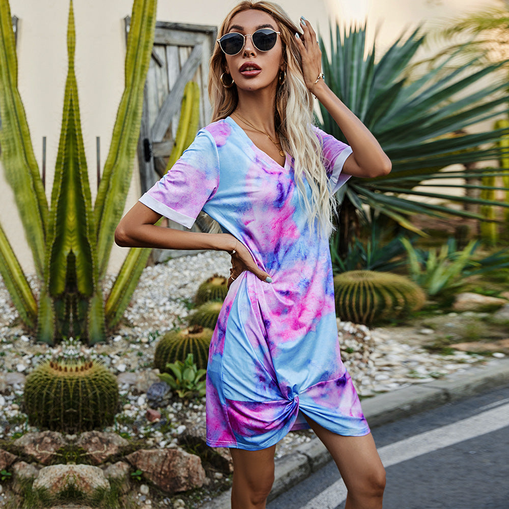 flowersverse Casual Twisted V-Neck Tie-Dye Short Sleeve Mini Dress