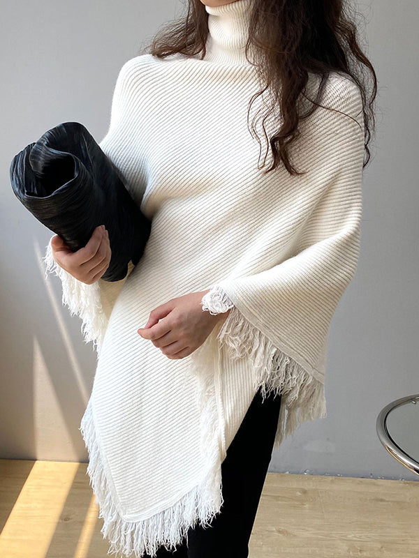 flowersverse Casual Loose Tasseled Solid Color High-Neck Sweater Tops