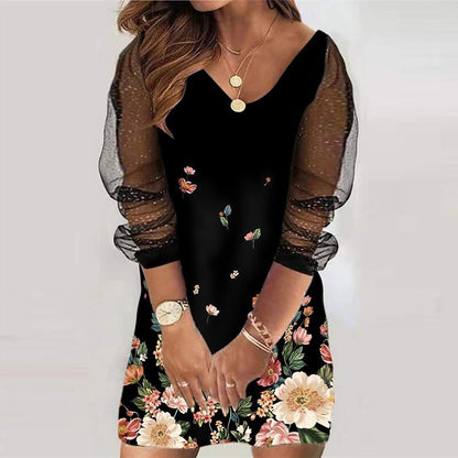 flowersverse Women's Plus Size Holiday Dress Floral V Neck Mesh Long Sleeve Fall Spring Casual Mini Dress Causal Daily Dress / Sheath Dress / Black Dress / Print