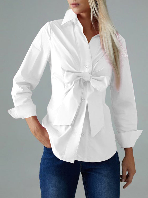 flowersverse Long Sleeves Bow-Embellished Buttoned Solid Color Lapel Blouses&Shirts Tops