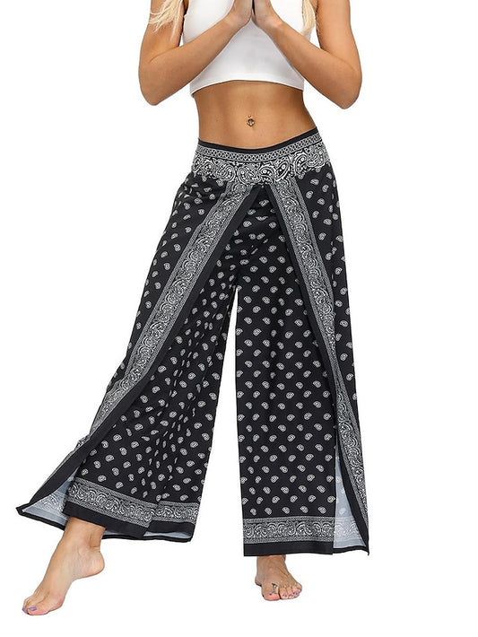 flowersverse Women's Harem Wide Leg Pants Trousers Light gray Gray Black High Waist Basic Boho Gym Yoga Layered High Cut Micro-elastic Full Length Comfort Pattern S L / Drop Crotch / Plus Size / Loose Fit / Print