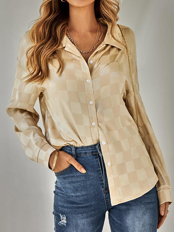 flowersverse Buttoned Plaid Long Sleeves Loose Lapel Blouses&shirts Tops