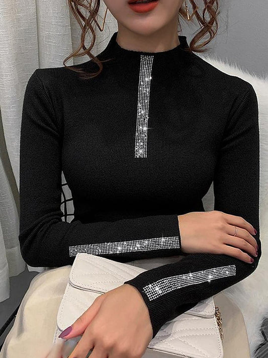 flowersverse Rhine Stones Long Sleeves Skinny High Neck Sweater Tops Pullovers