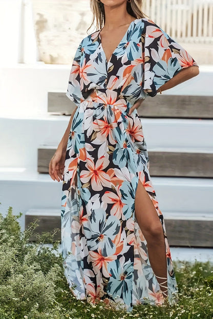 flowersverse Sweet Elegant Floral Patchwork Slit V Neck Printed Dress Dresses