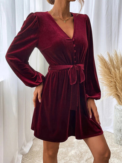 flowersverse V-neck Waist A-line Skirt Long-Sleeved Velvet Sexy Banquet Dress