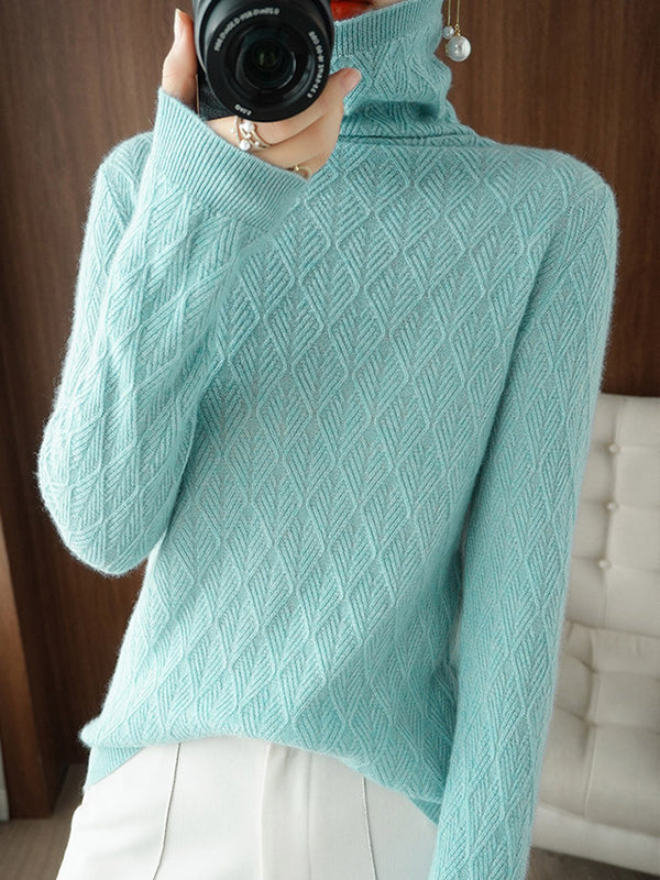 flowersverse Solid Color Long Sleeves High-Neck Sweater Tops