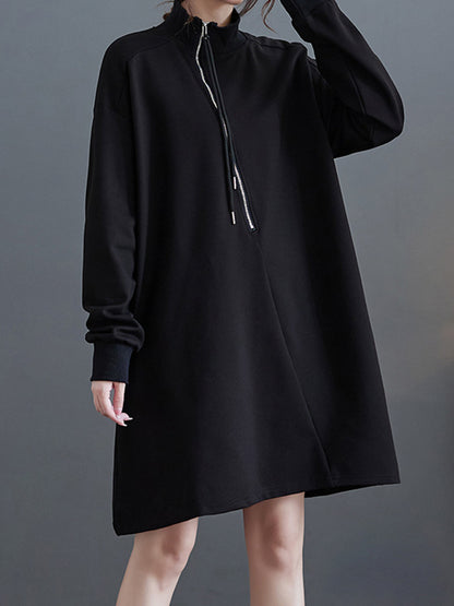 flowersverse A-Line Long Sleeves Asymmetric Split-Joint Zipper Mock Neck Mini Dresses Sweatershirt