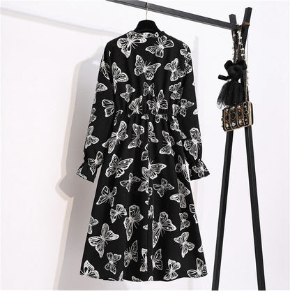 flowersverse Autumn Winter Ladies Chiffon High Elastic Waist Women Bow Aline Full Sleeve Flower Print Floral Party Dress Female Vestido