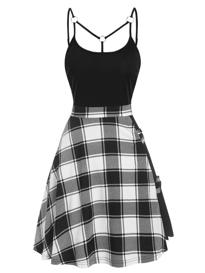 flowersverse Gothic Casual Dress Plus Size 3XL Tartan Plaid Panel Crisscross Cami A Line Dress Sleeveless High Waist Mini Party Dress