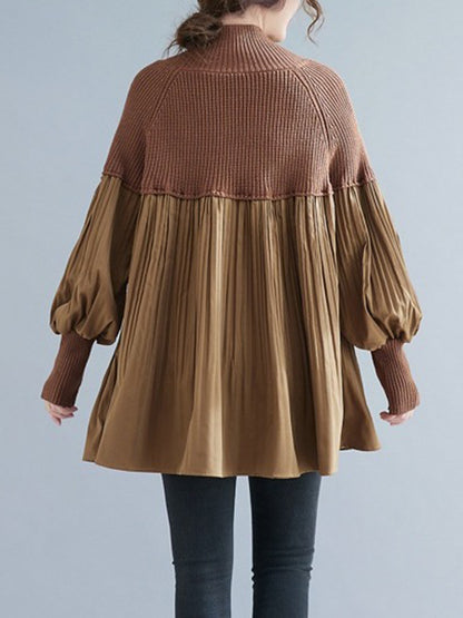 flowersverse Pleated Split-Joint Long Sleeves Loose High Neck Sweater Tops