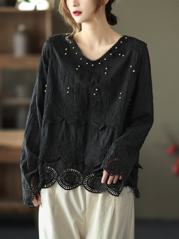 flowersverse Black&Coffee Lacy Hollow V-Neck Long Sleeve Shirts