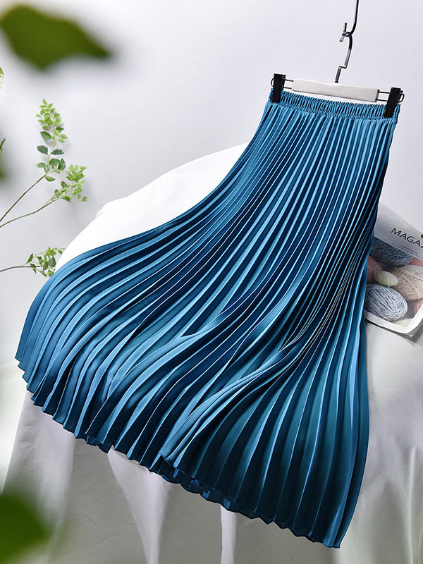 flowersverse Stylish Pleated Solid Color Elastic Waist Skirts