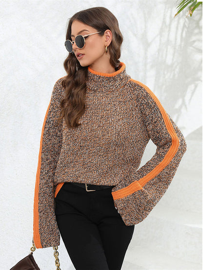 flowersverse Casual Long Sleeves Loose Contrast Color Half Turtleneck Sweater Tops