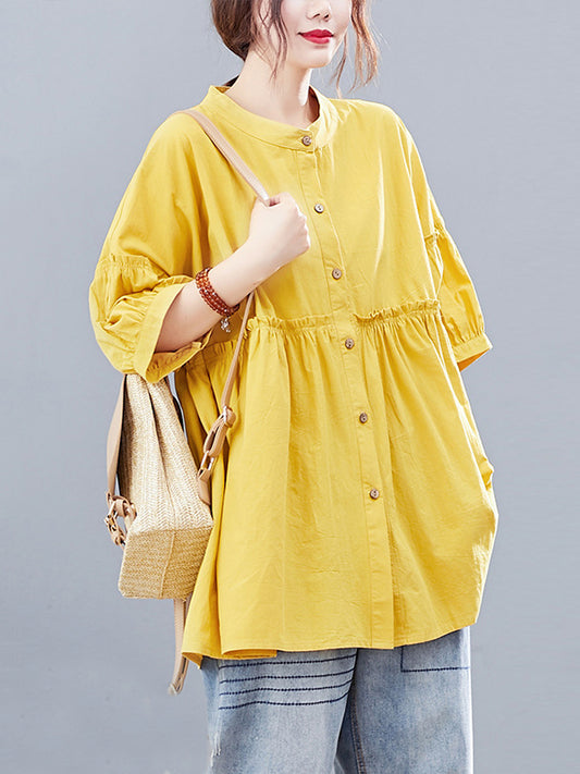 flowersverse Artistic Retro Loose Half Sleeves Pleated Falbala Split-Joint Solid Color Blouses