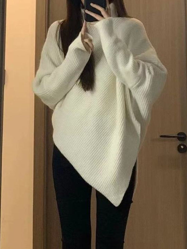 flowersverse Asymmetric Solid Color Velvet Long Sleeves Loose High Neck Sweater Tops Pullovers Knitwear