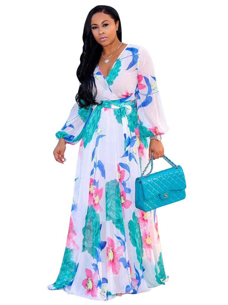 flowersverse Chiffon Floral Printed V Neck Wrap Boho Maxi Dresses