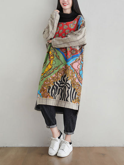 flowersverse Women Fashion Spliced Plaid Winter Fleece-lined Dress