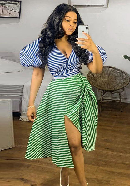 flowersverse Sexy Irregular Stripe Contrast COLor Drawstring Lace-Up Slit Plus Size Two Piece Skirt Set Nightclub Dress