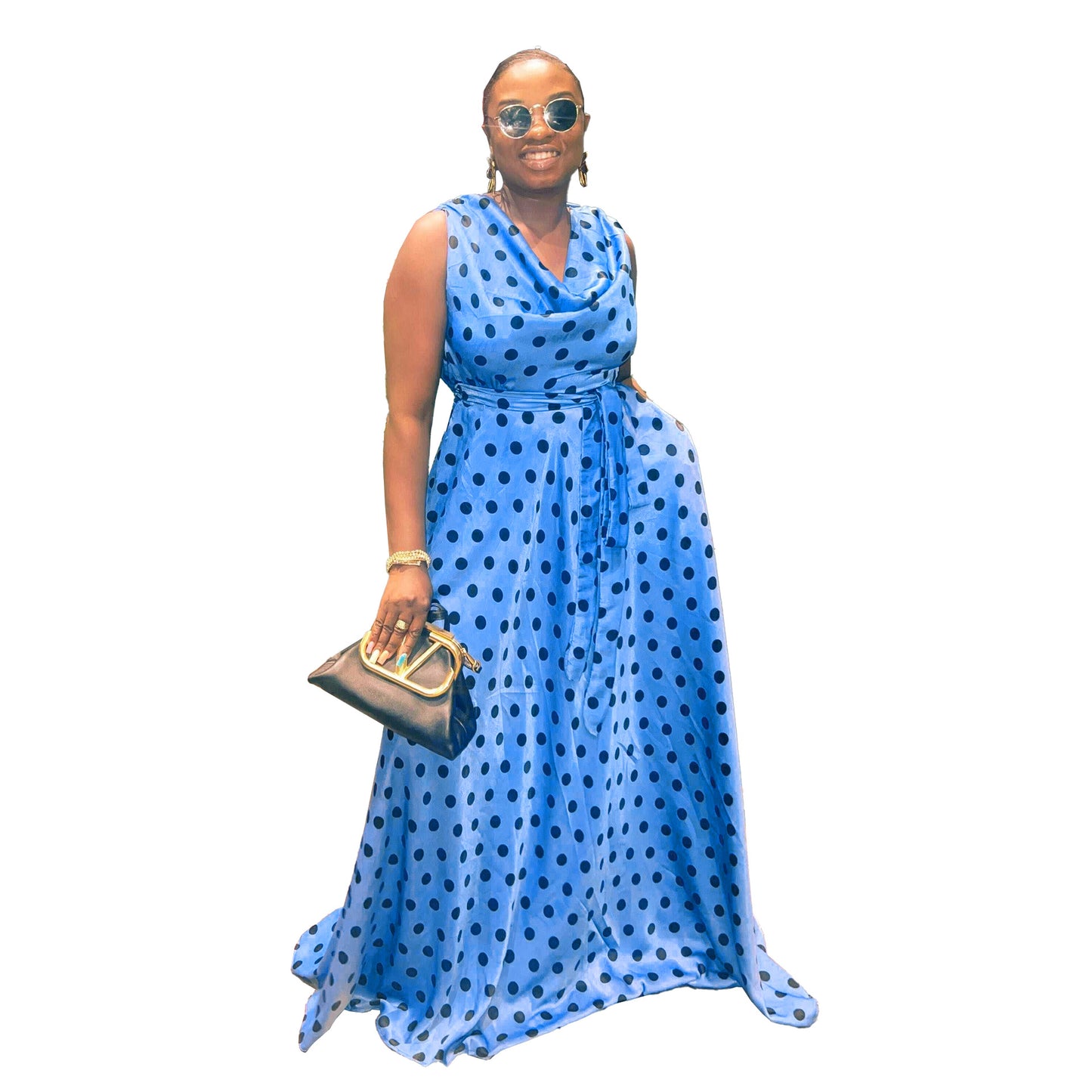 flowersverse Sexy Fit Polka Dot Print Plus Size Belted Sleeveless Maxi Dress