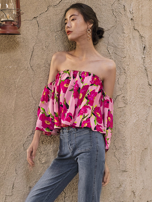 flowersverse Batwing Sleeves Floral Printed One-Shoulder Top