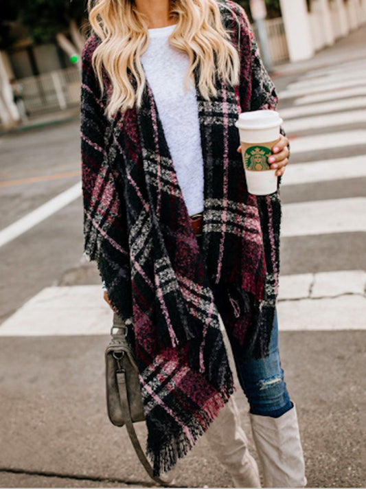 flowersverse Casual Loose Plaid Tasseled Cardigan Tops